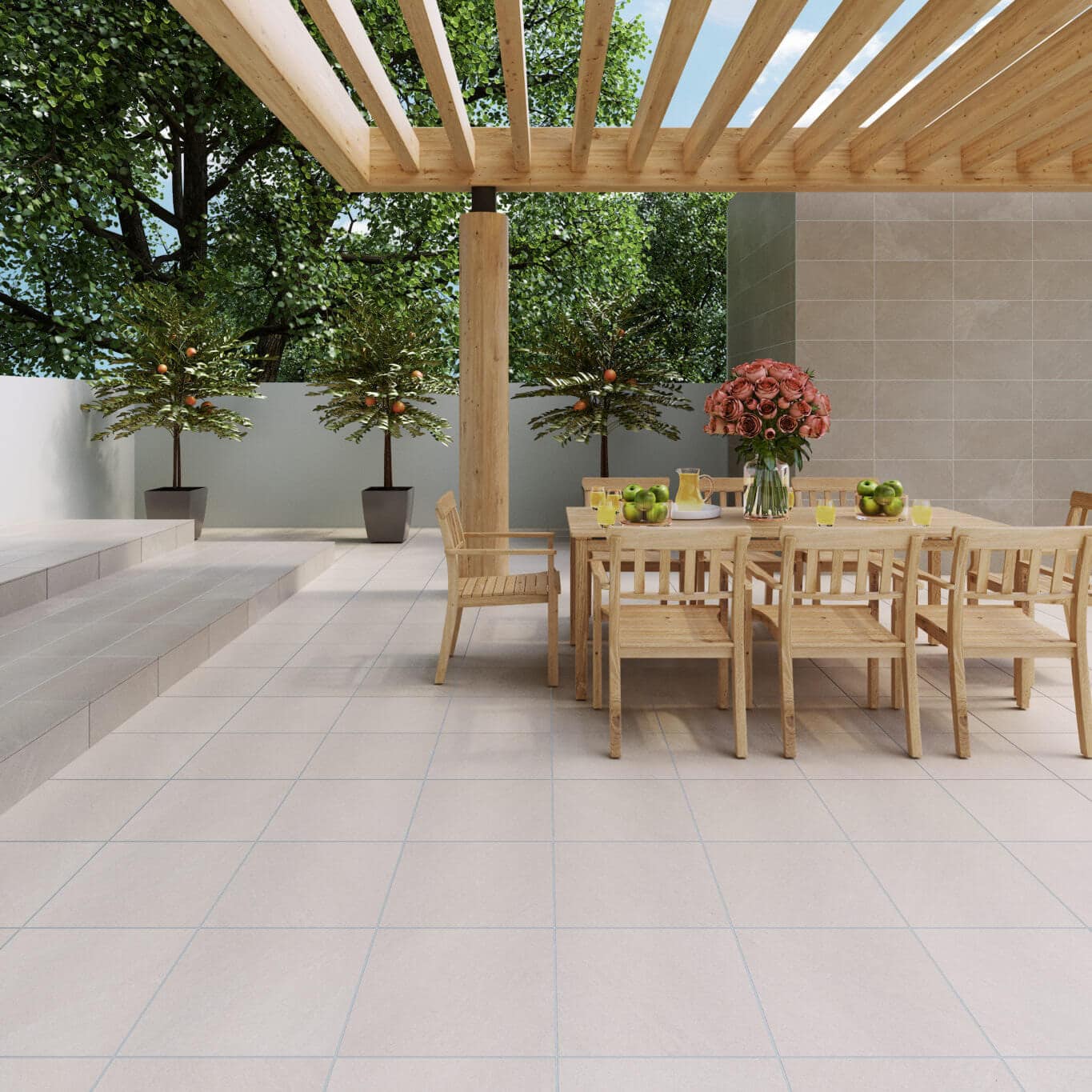 Outdoor dining patio space with cream tile flooring