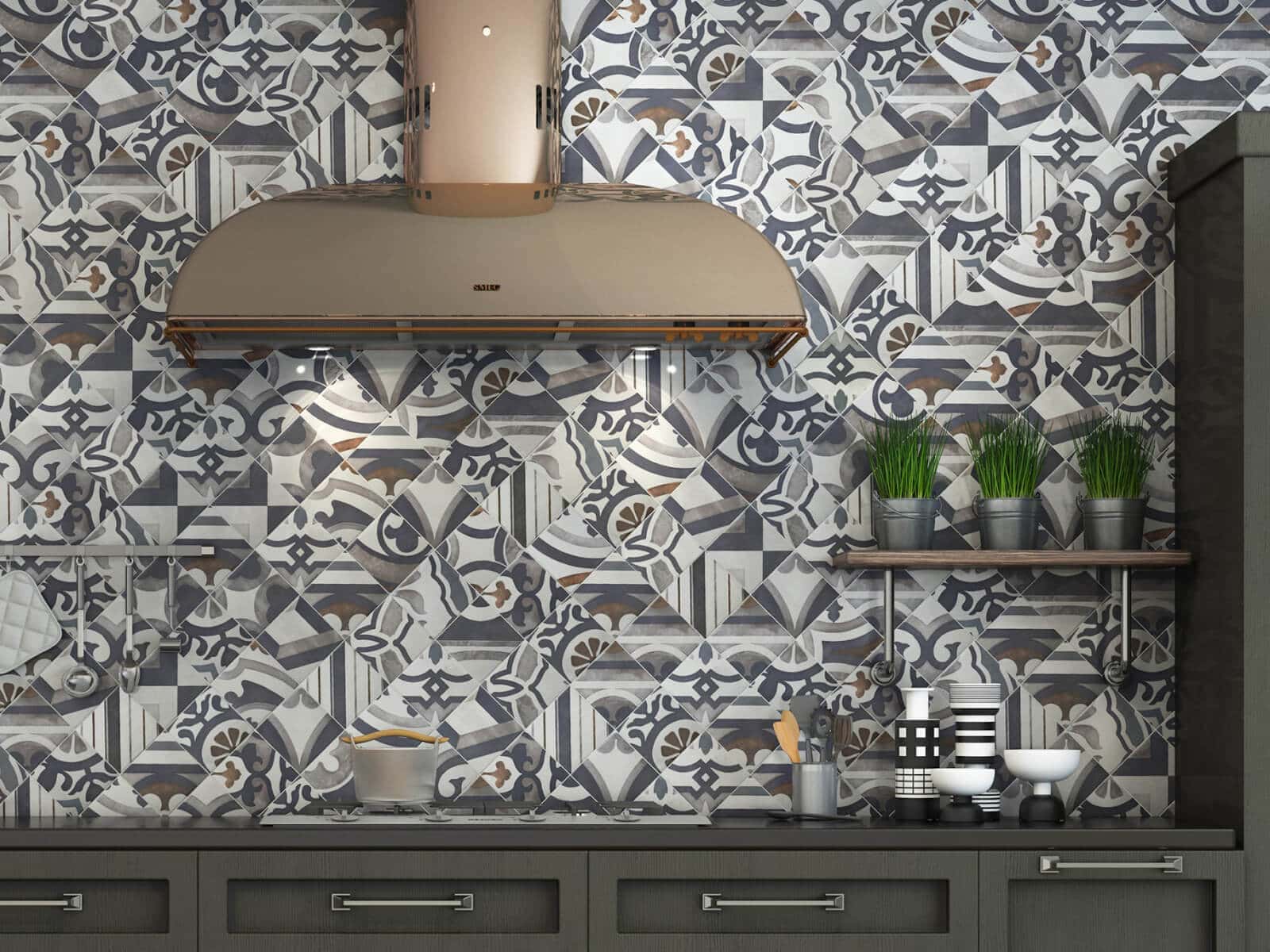 Patterned backsplash tile for kitchen wall