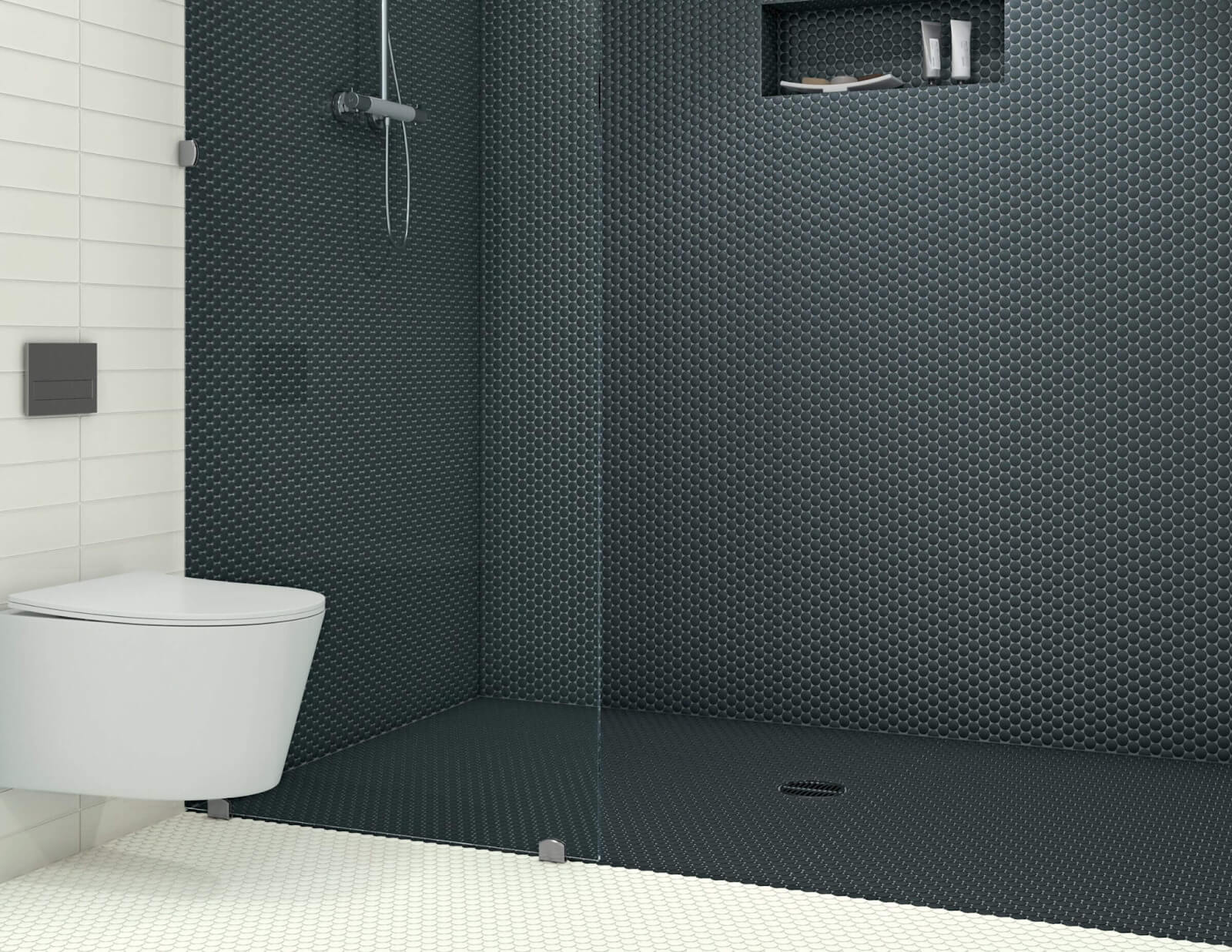 Shower with black penny round mosaic tile