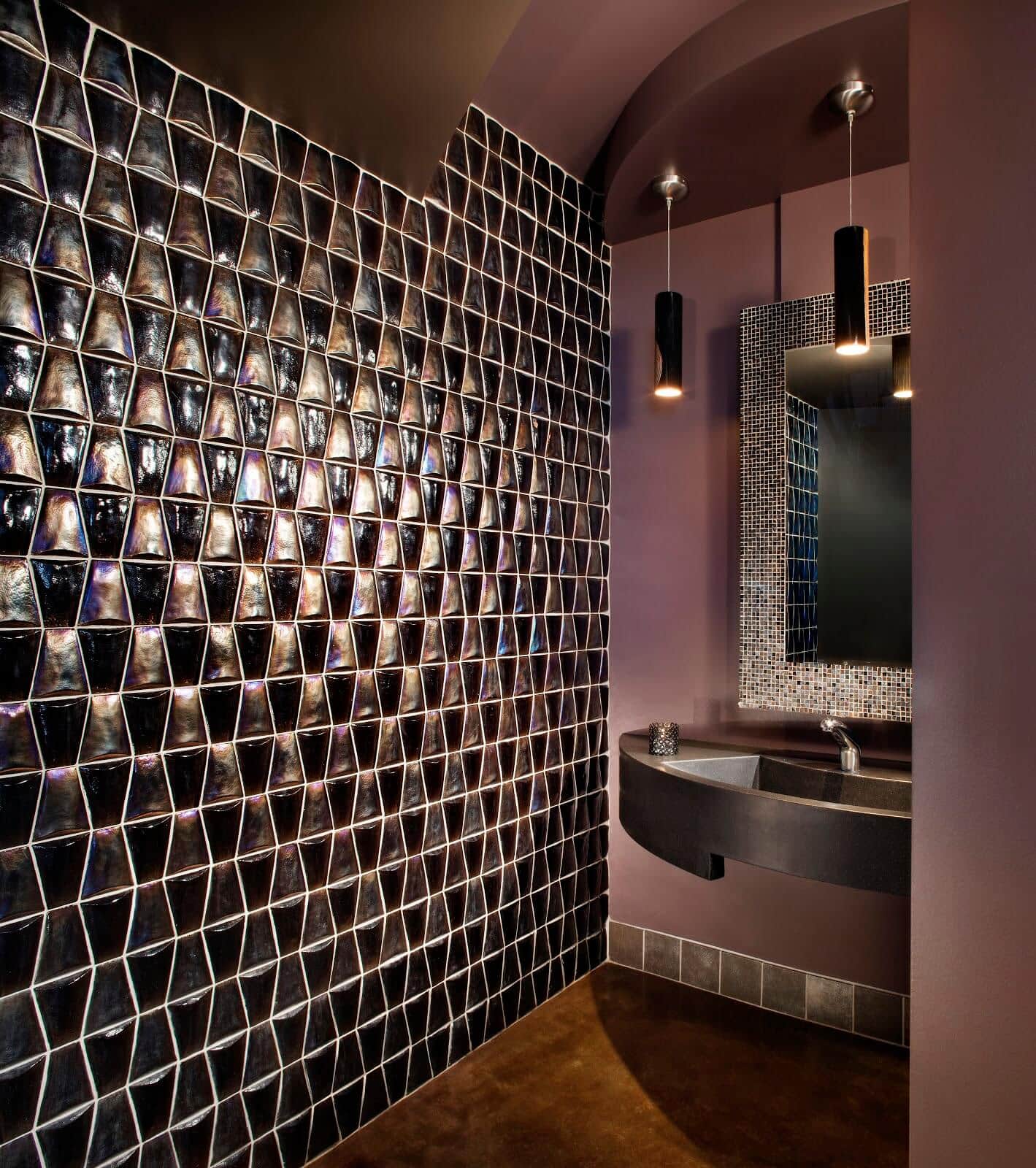 bathroom with purple wall tile