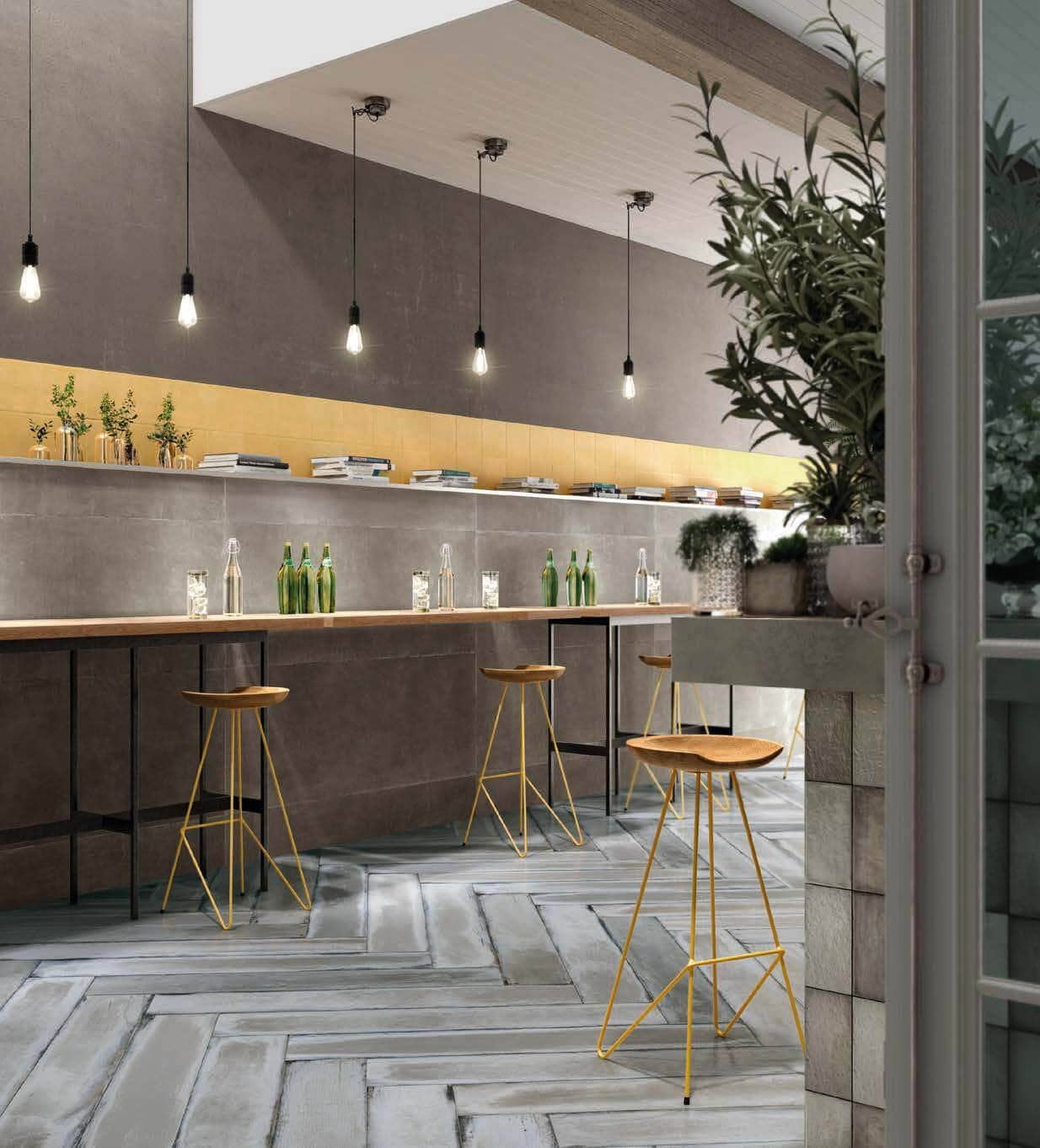 Gray Wall Tile With a Yellow Stripe for  modern-look restaurant bar