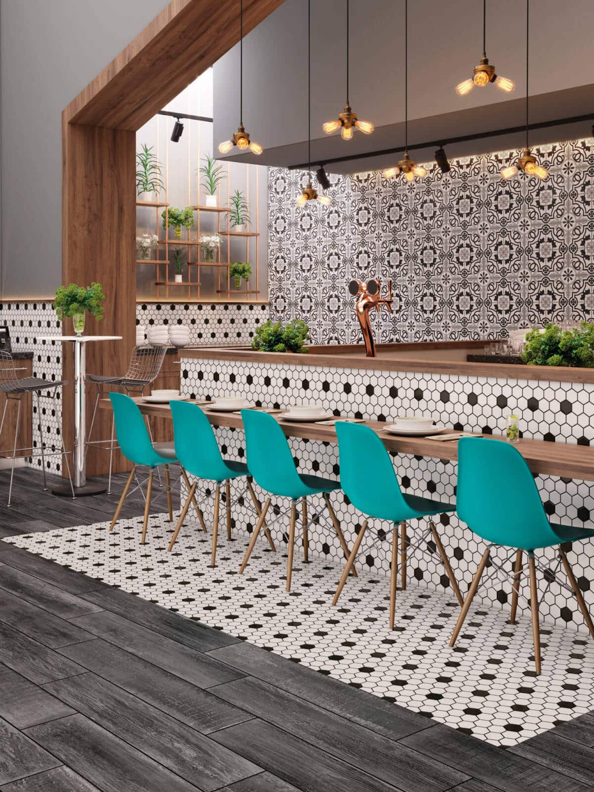 Retro black and white hexagon mosaic tile bar front and flooring