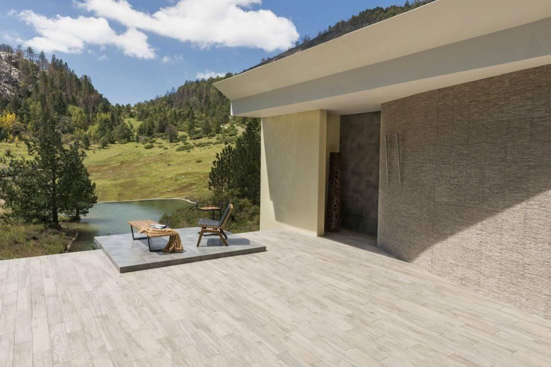 wood-look flooring for outdoor, minimalist patio