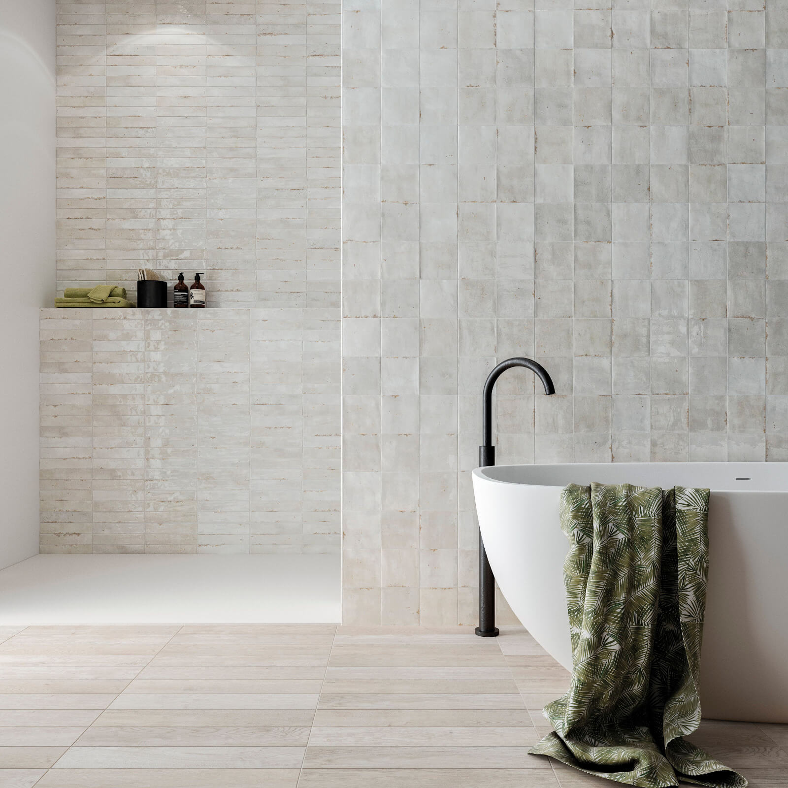 Textured white tile walls in a bathroom and shower