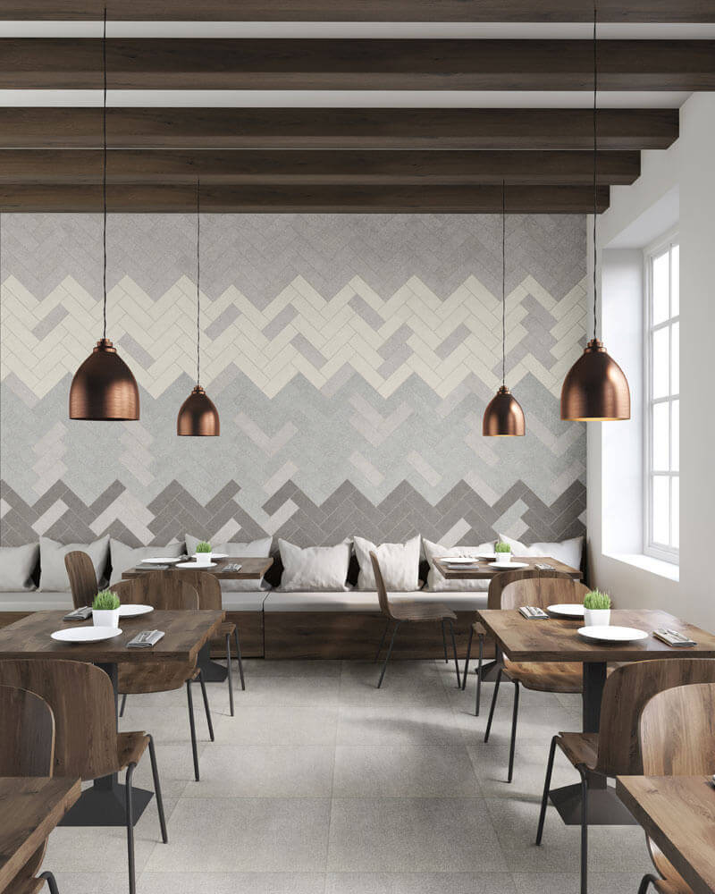 subway tile in a staggered tile transition for restaurant wall