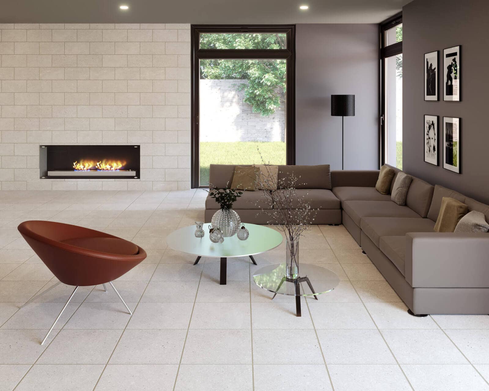 White square tile flooring in a living room