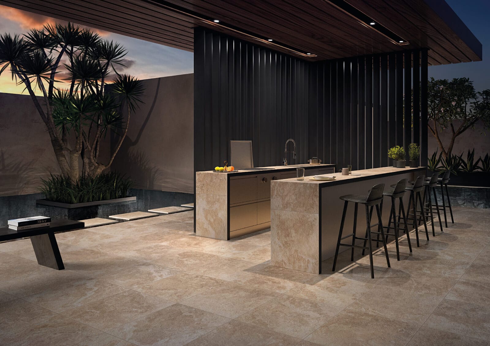 Stone-look tile flooring and countertops in an outdoor kitchen