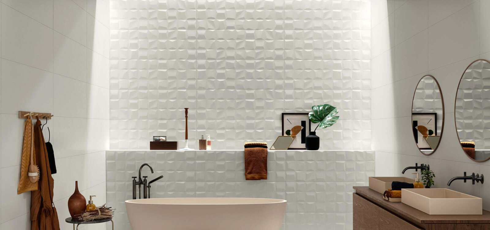 Bathroom wall with a three-dimensional white mosaic tile grid