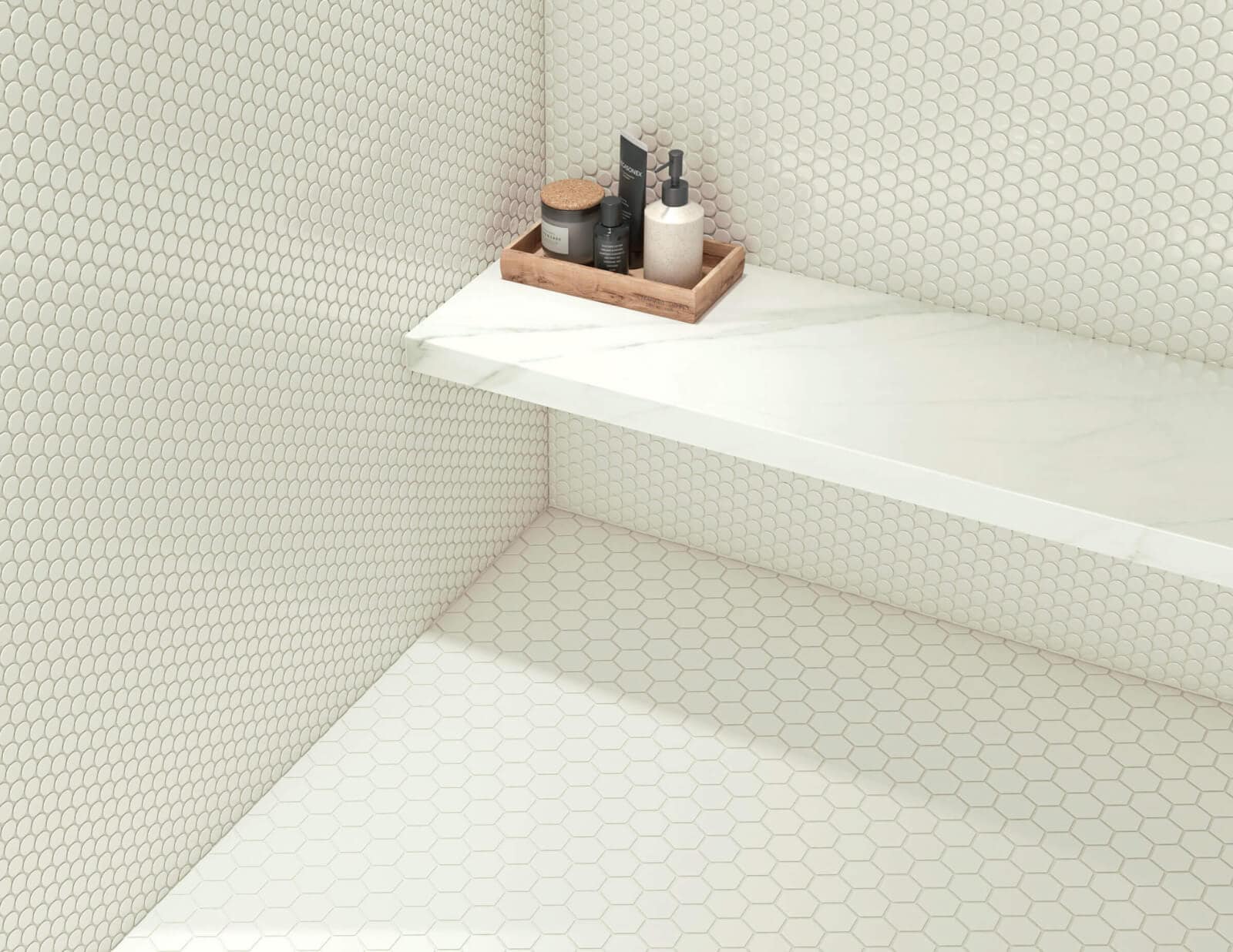 Shower with white penny round mosaic tile walls and white hexagon tile mosaic flooring