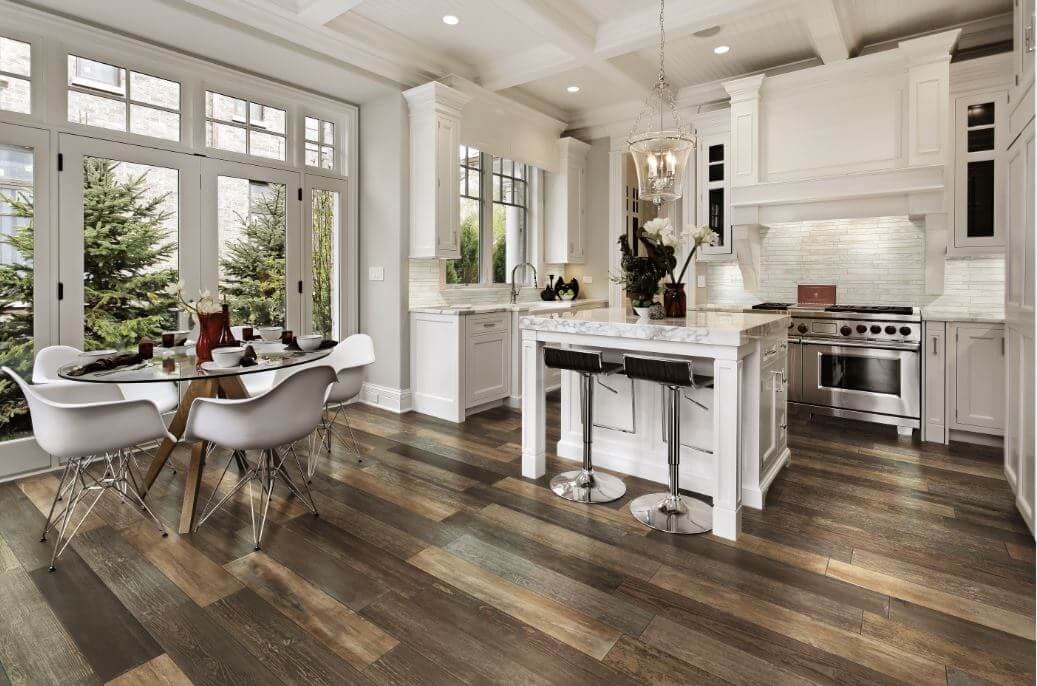 transitional kitchen with wood-look ceramic tile flooring