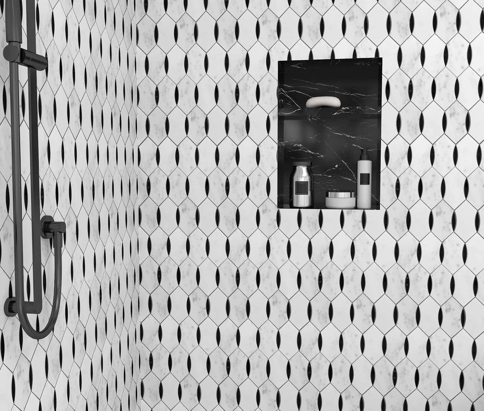 Vertical patterned black and white mosaic shower tiles