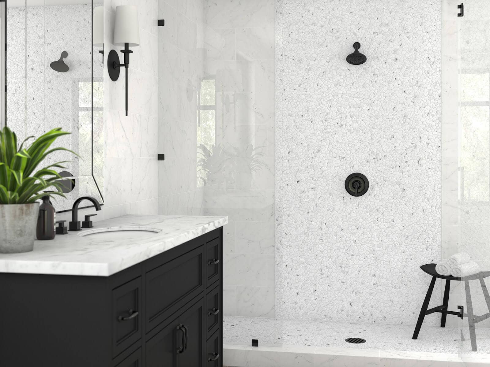 white bathroom with river rock-look tile