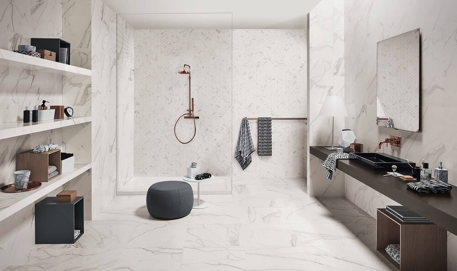 white spacious bathroom with ceramic tile in both shower and flooring, creating a minimalist design