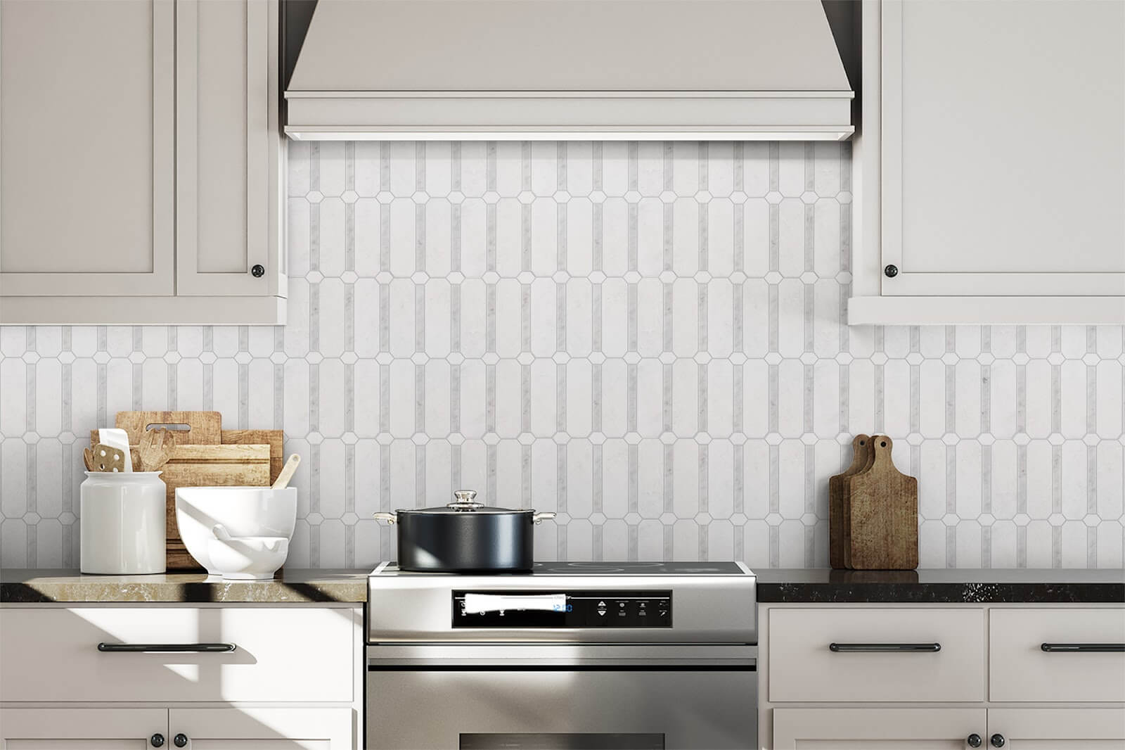 white hexagonal vertical tile design for kitchen wall