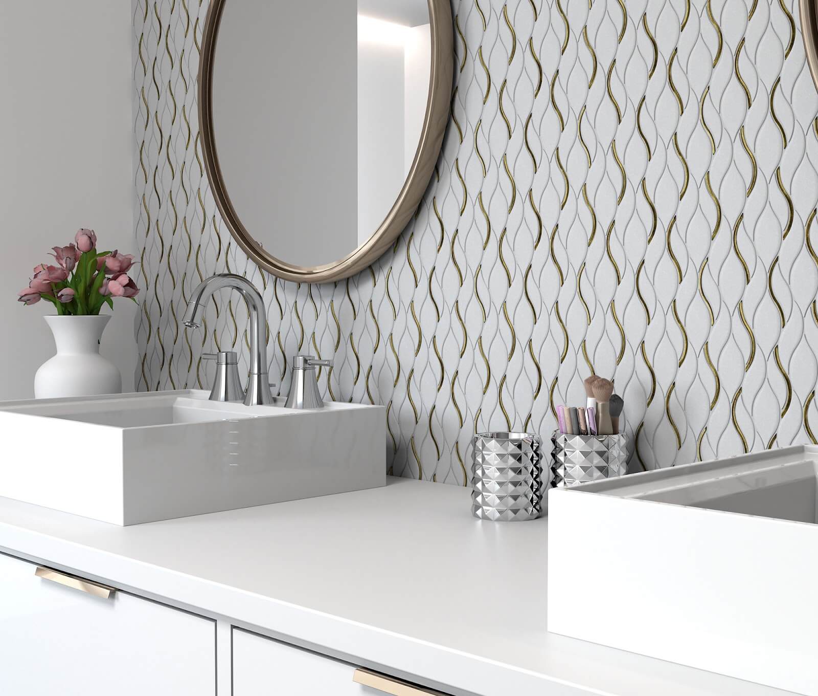 White vertical wavy tiles accented with gold for bathroom sink wall