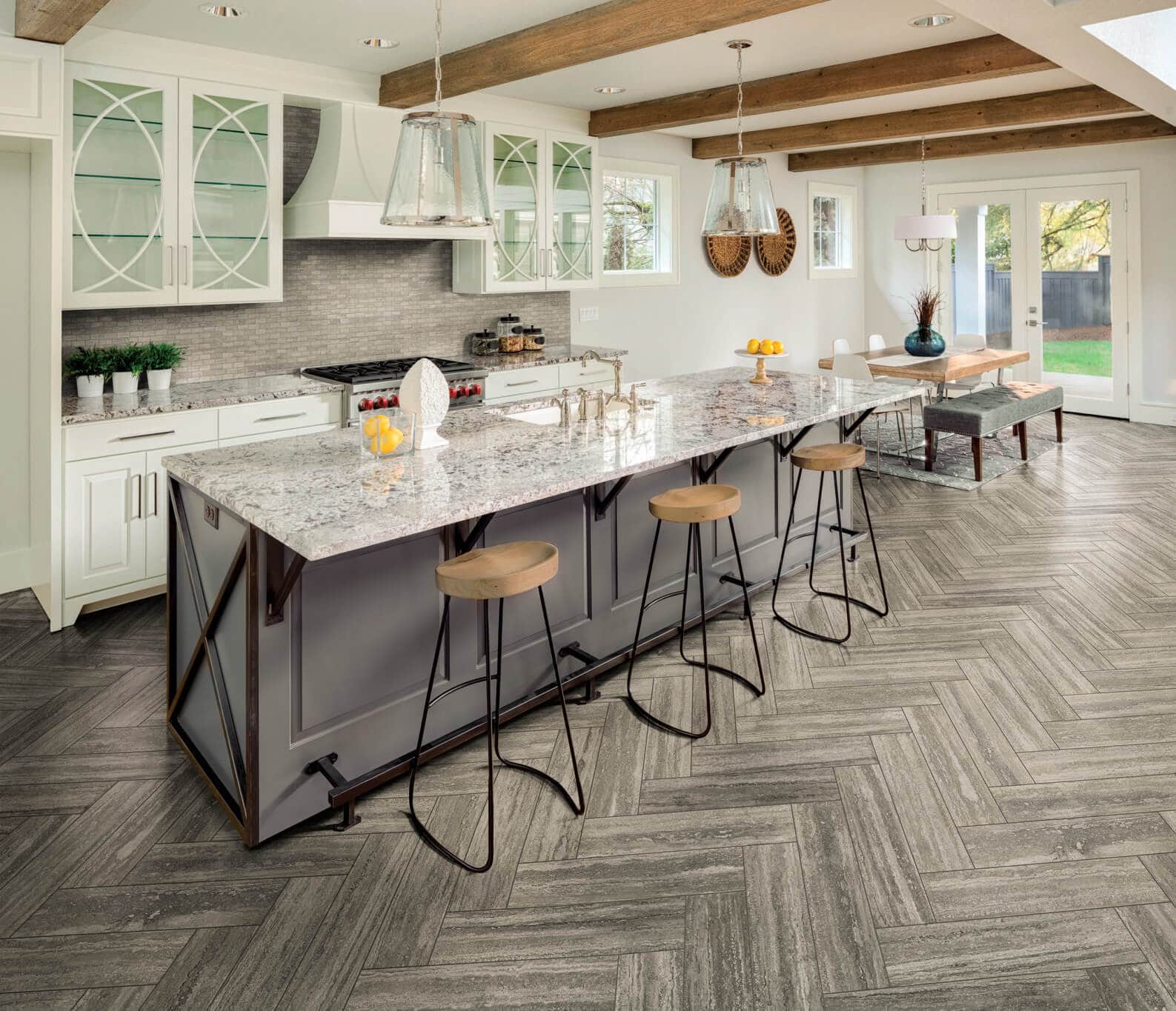 Wood-look mosaic tile kitchen backsplash in a running bond pattern