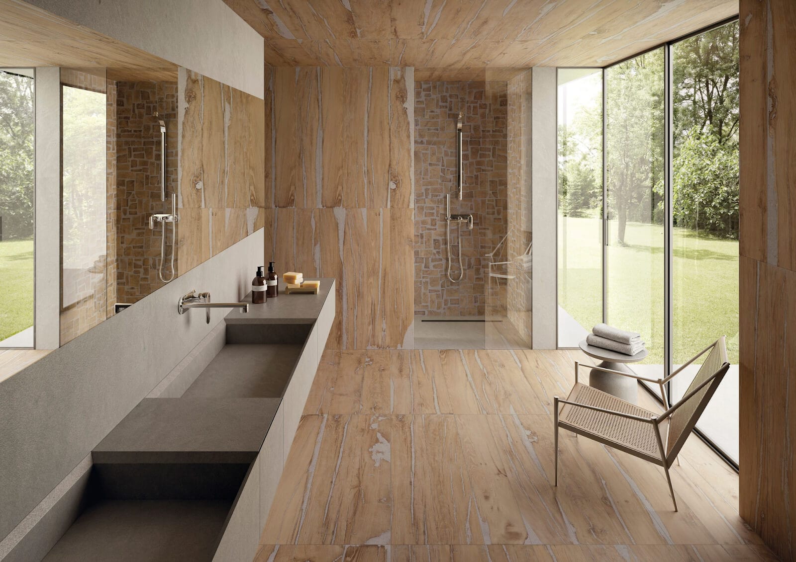 Wood-look tile for big, spacious bathroom