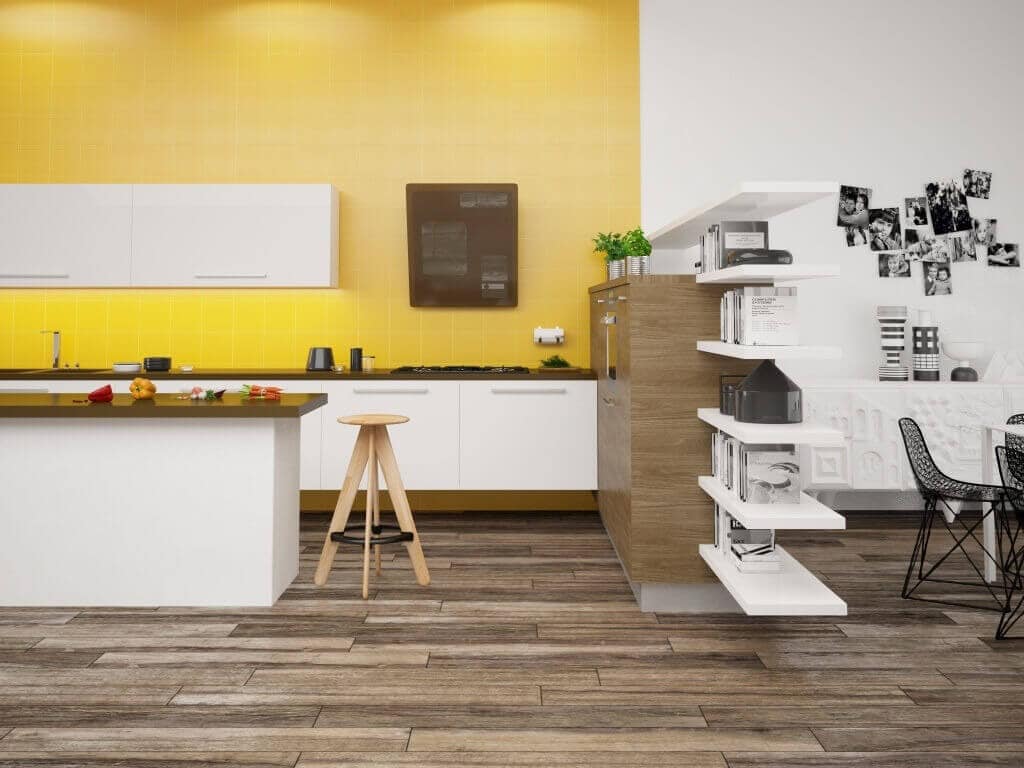 modern kitchen with yellow wall tile