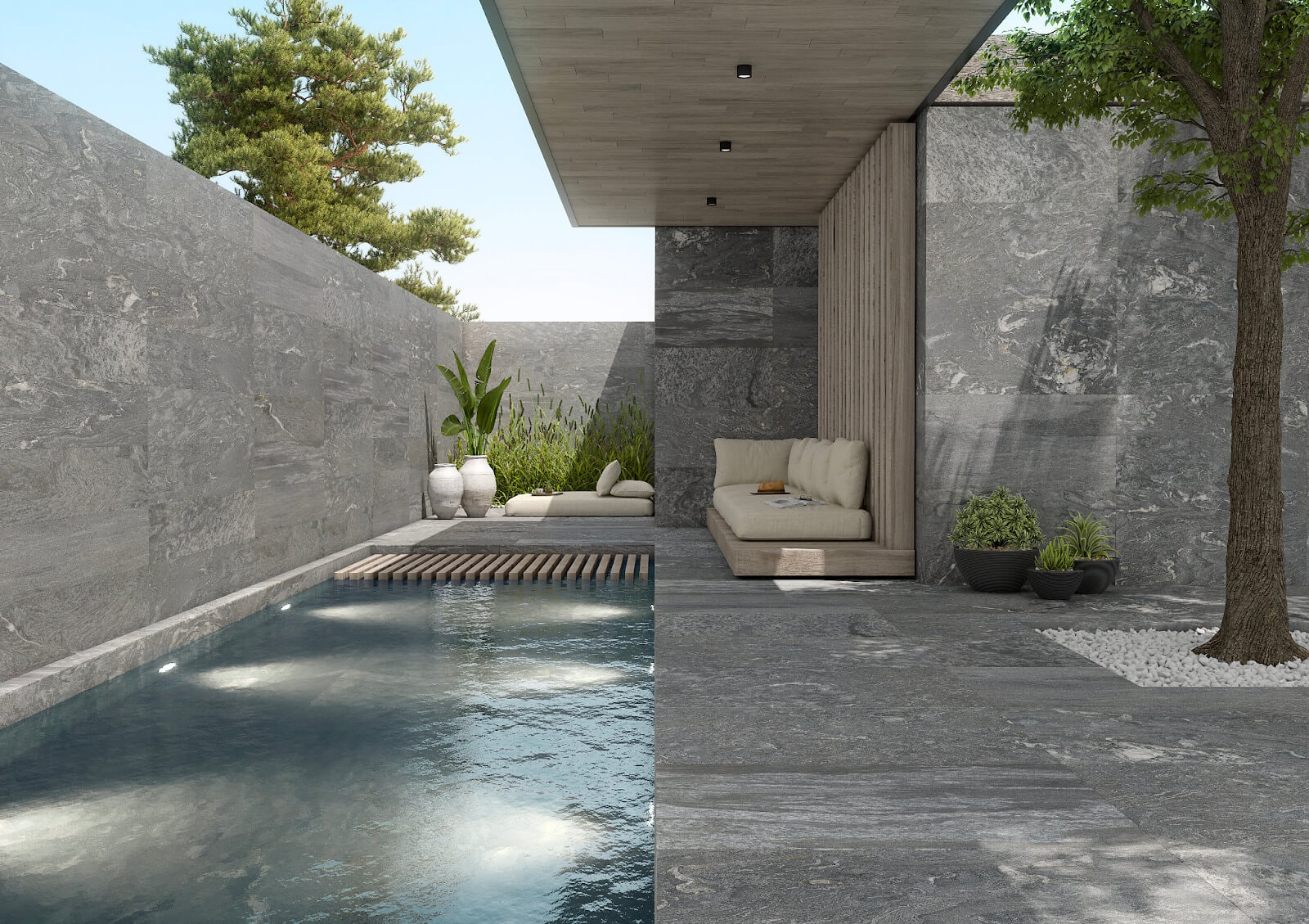 pool with stone-look 2 cm gauged porcelain tile pavers
