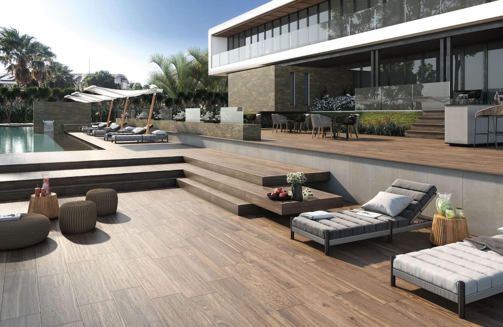 wood-look porcelain tile from the interior to a patio area