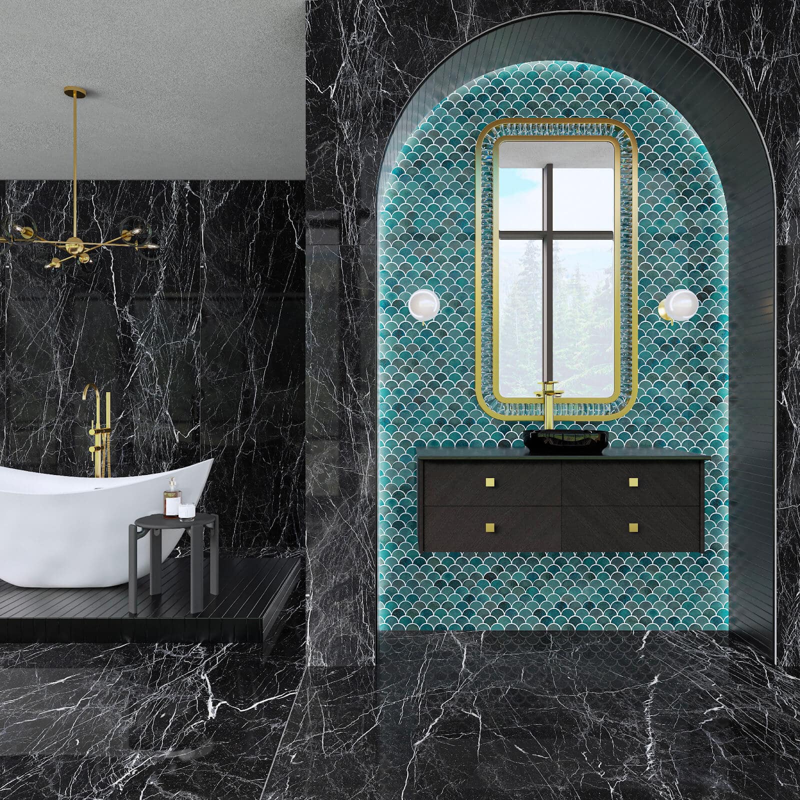 Unique, modern bathroom with black marble-look tile and sharp white veining