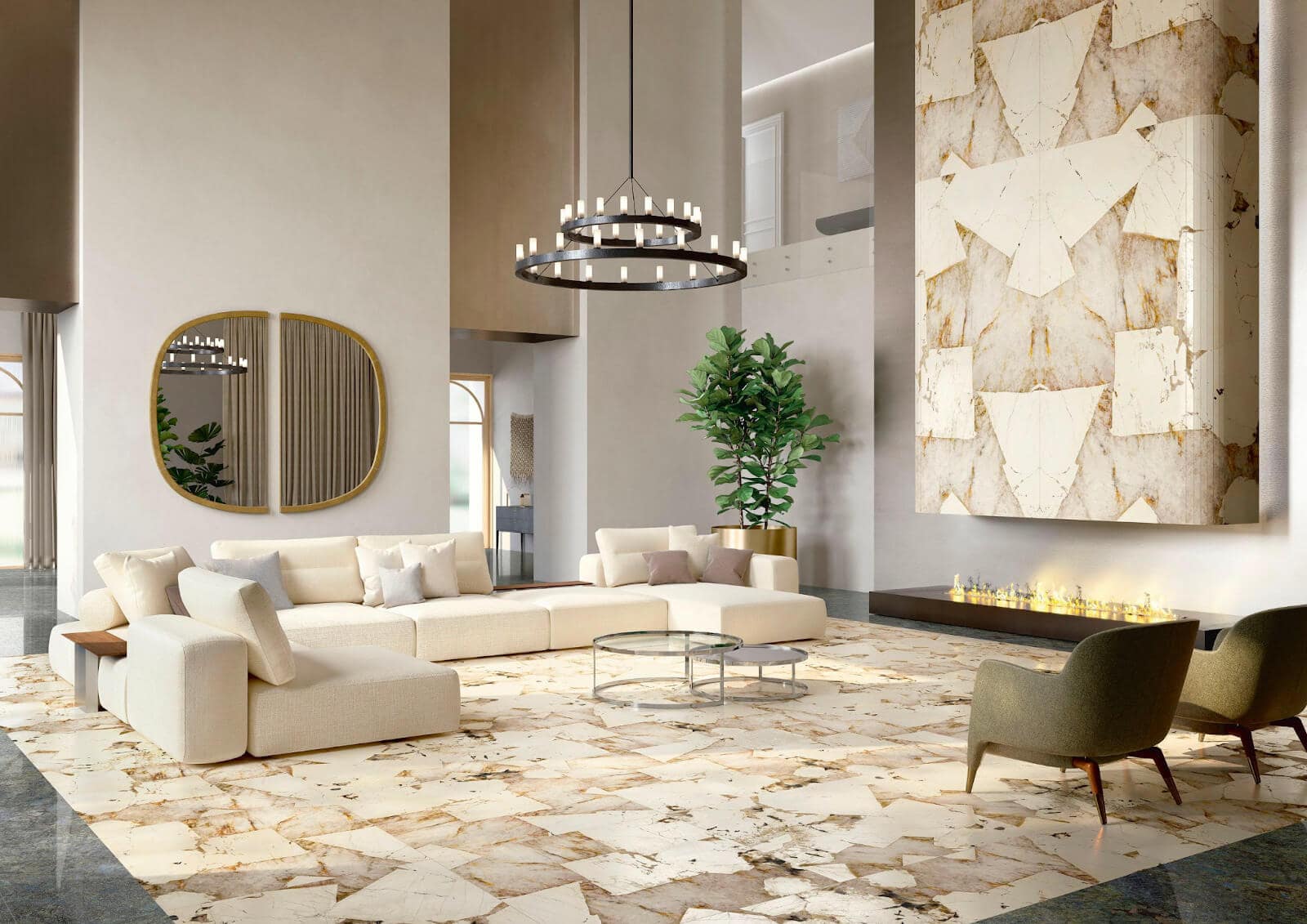 living room space with book-matched tile panels and fractured stone-look design