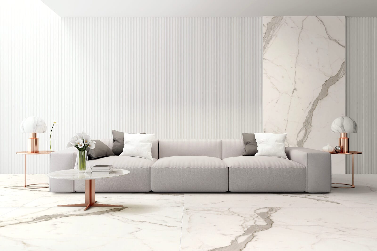 modern living room with white marble-look tile and sparse but thick gray veining