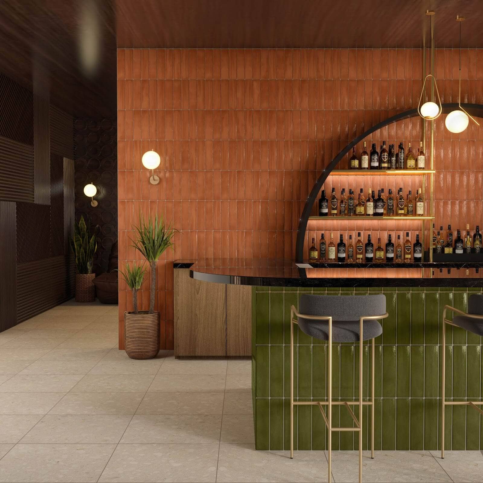 A bar with green vertical tiles on an island and vertical orange/brown tiles on the the back wall.