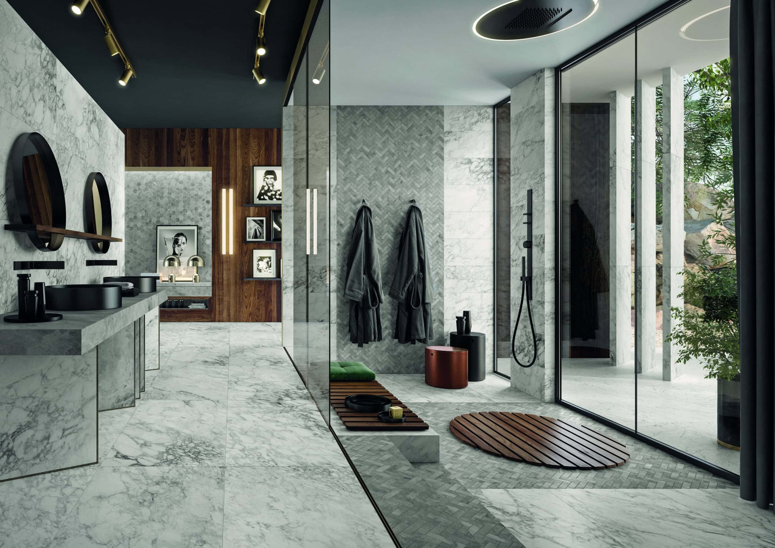 Image of a bathroom with white and gray marble-look tile