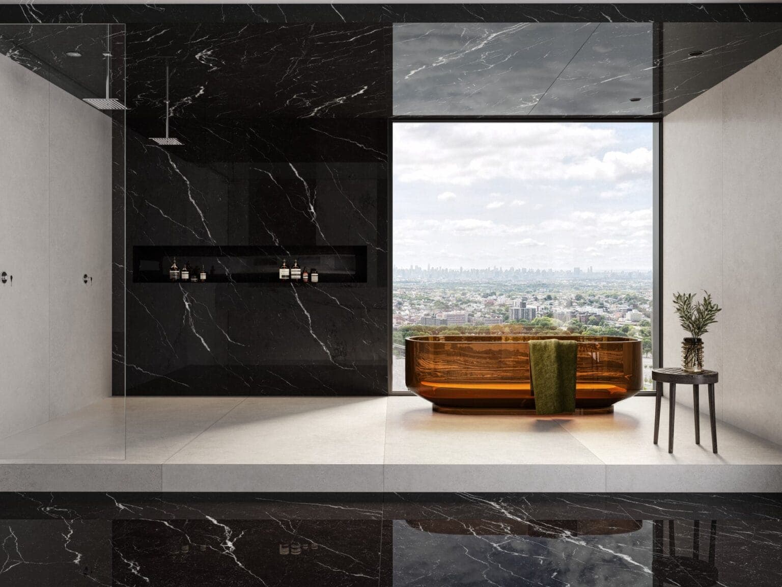 Extra-spacious shower niche with sumptuous black marble-look tile extending to the wall and ceiling and contrasted by white tile walls and floor