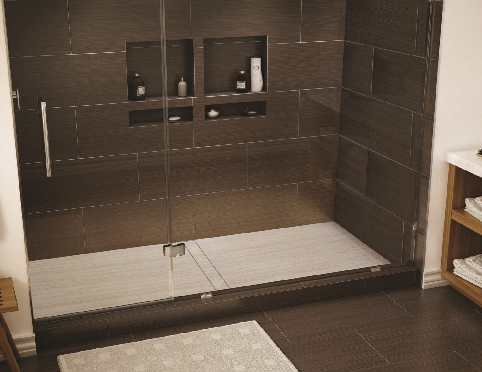 Custom niche shower with Chocolate-brown wood-look tile flows from the walls into the niches