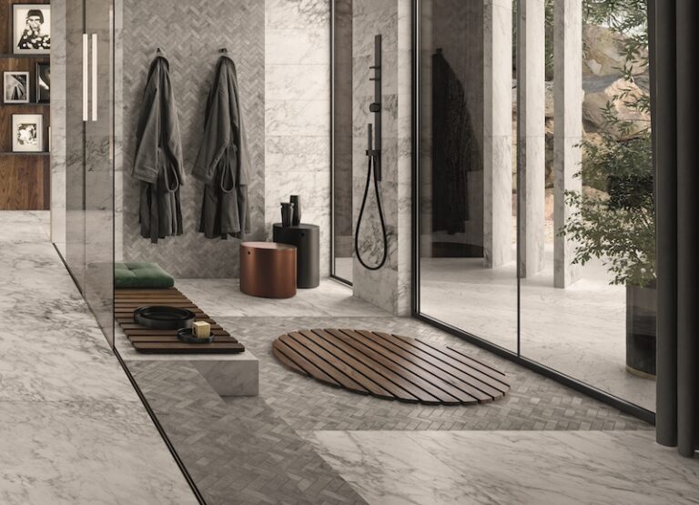 Modern shower with a long wooden slat bench for a spa-like experience