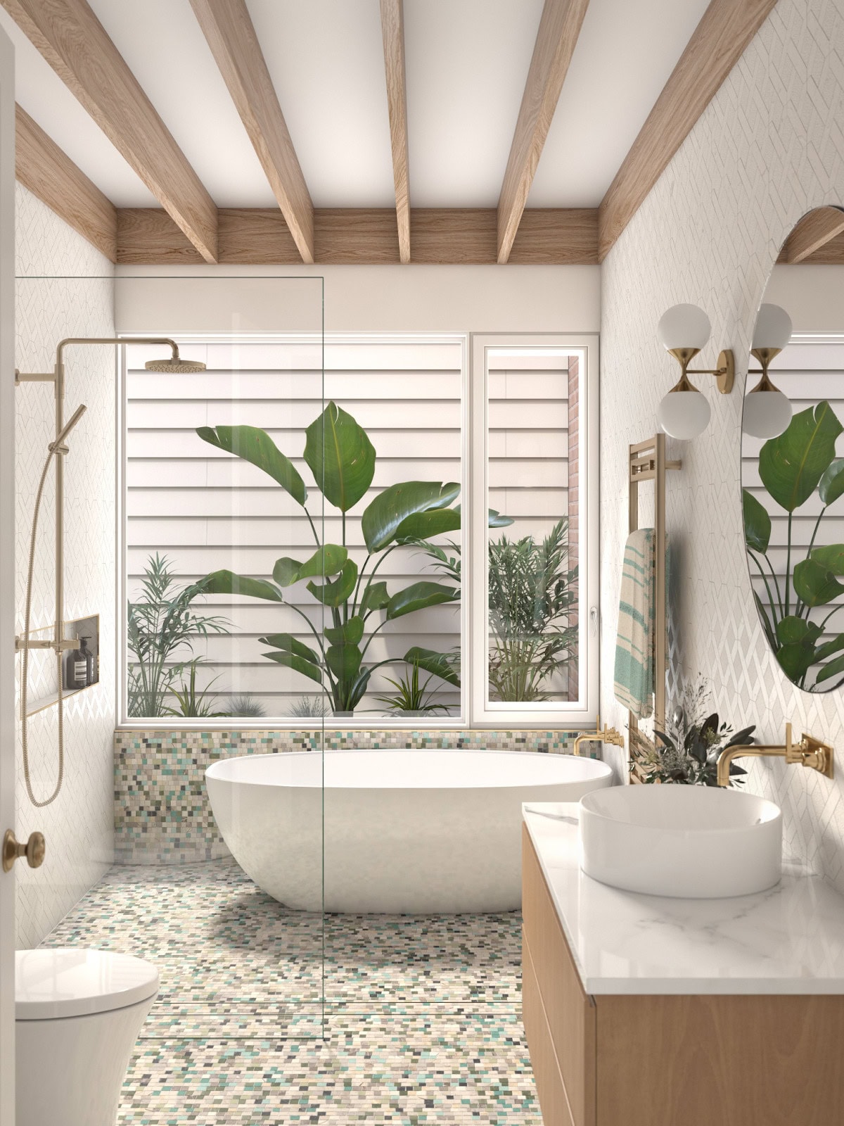 This bathroom features dainty mosaic floor tiles in varying blue, green, and brown shades, complemented by white diamond mosaic tiles on the walls
