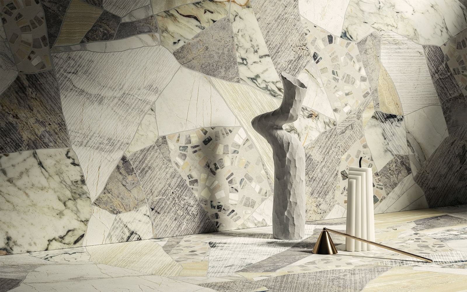 Art room with the appearance of marble and stone in these porcelain panels of different sizes and shapes