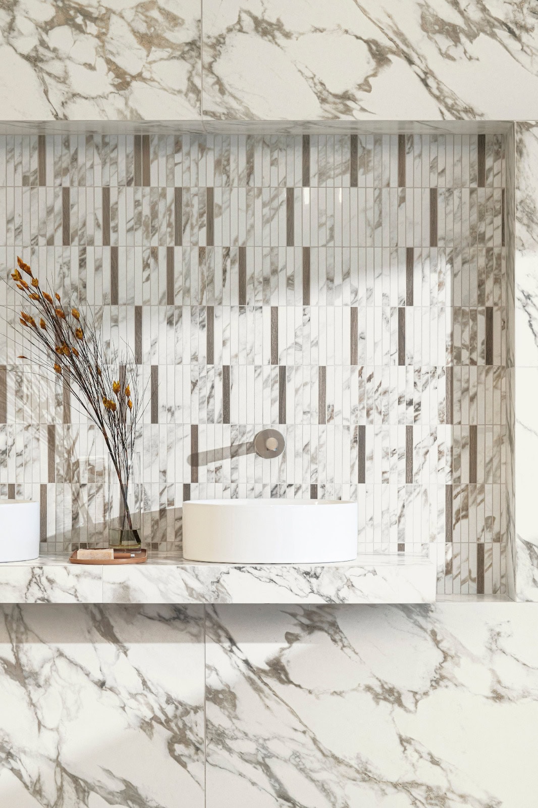 bathroom backsplash with vertical marble-look mosaic tile