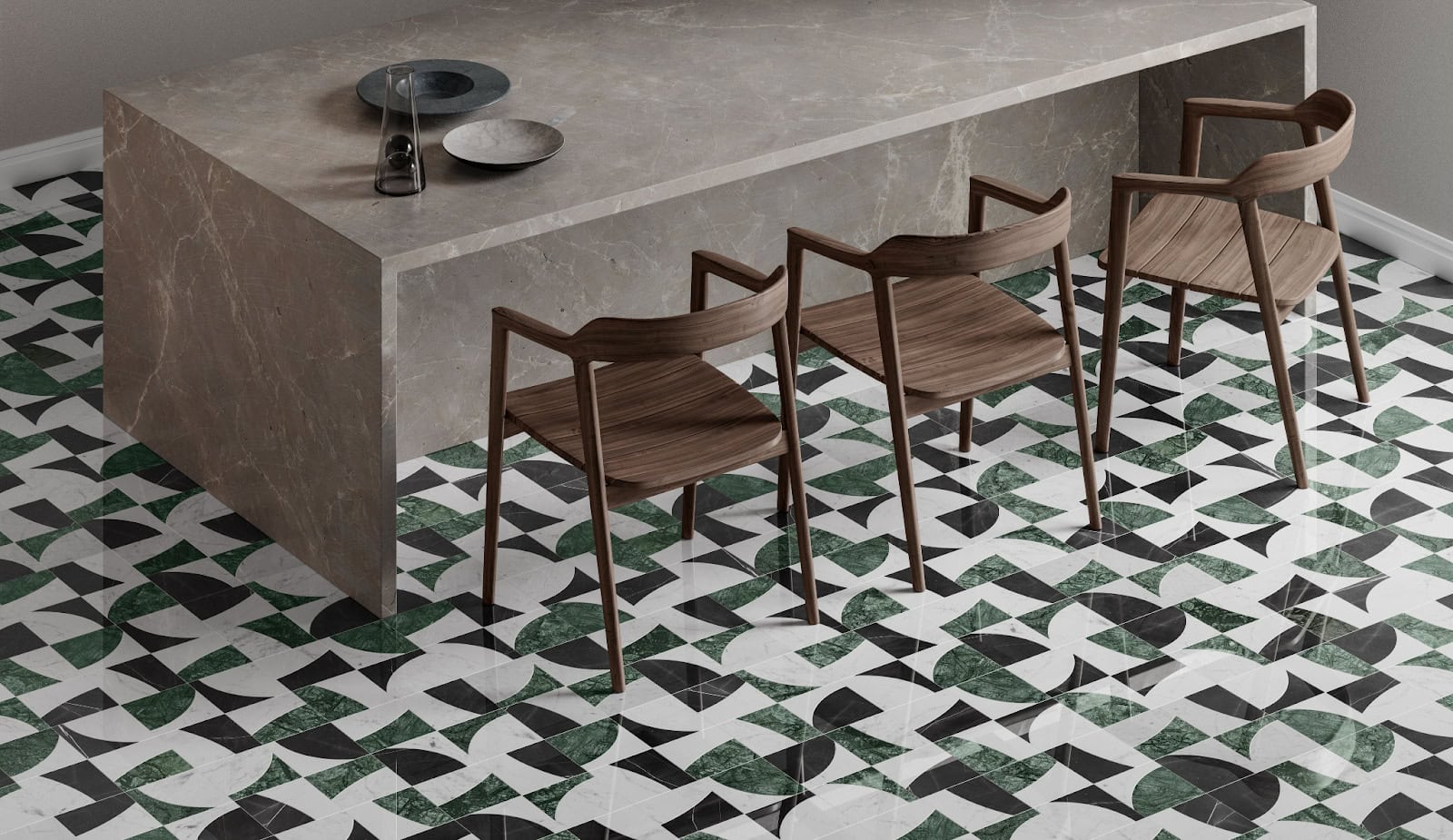 Modern dining room with wall-to-wall mosaic floor tile in green, black, and white shapes