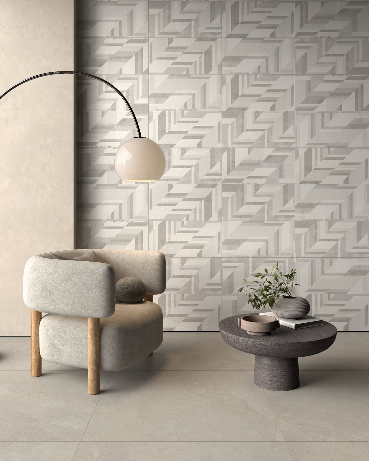 Seating area with a stunning mosaic design featuring neutral gray and beige 12-inch by 24-inch porcelain tiles. The diagonally laid stone-look stripes create a bold, wallpaper-like visual effect
