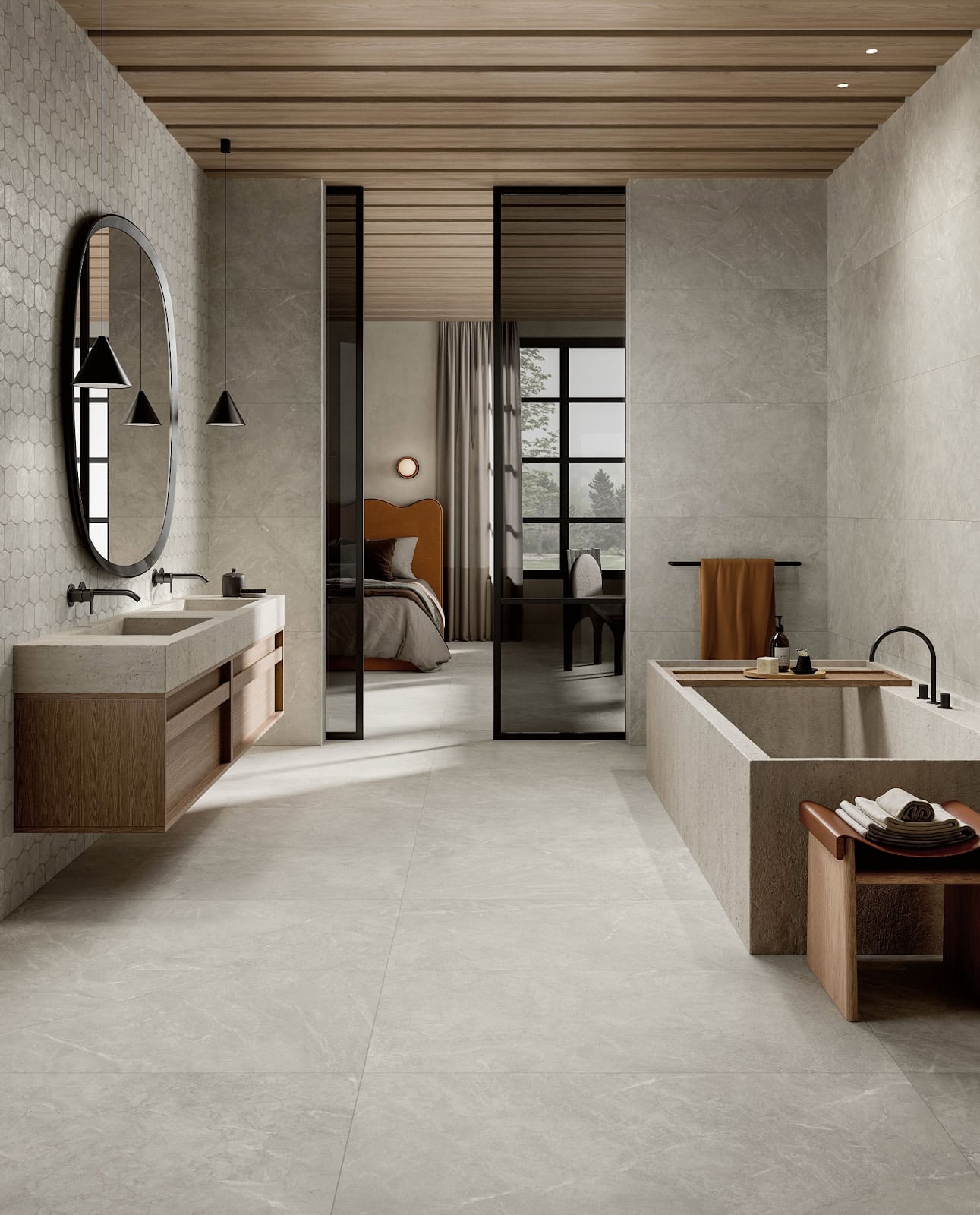 bathroom sink backsplash featuring a subtle feature wall made of greige stone-look tile in a rounded picket mosaic