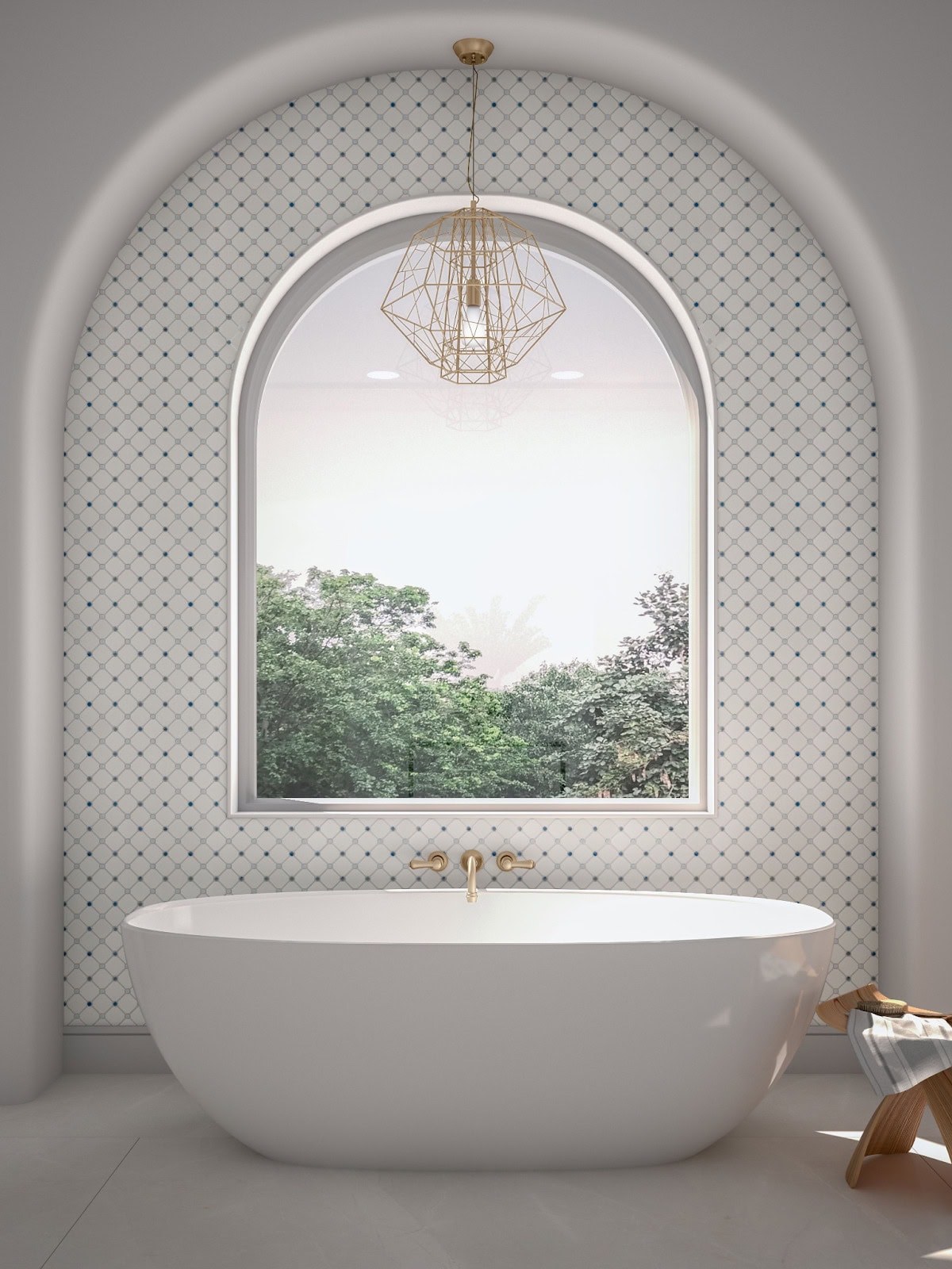 bright bathroom featuring a large window and a spacious bathtub with White diamond tile shines