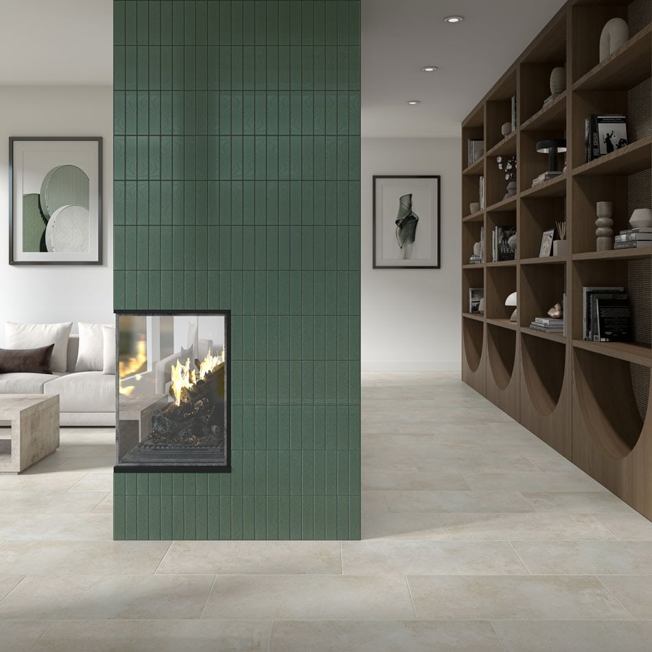 Living room with colorful tiles in matte forest-green tiled fireplace wall and wooden shelves