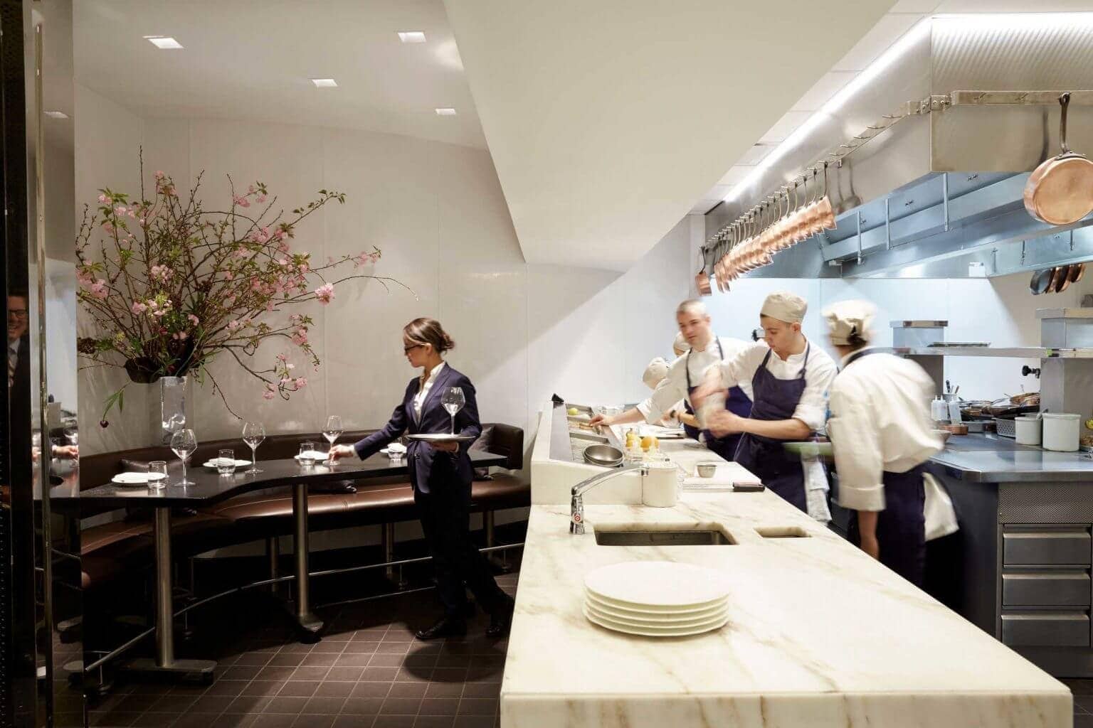 Commercial kitchen floor tiles in a restaurant with durable, slip-resistant ceramic tile for safety and easy cleaning