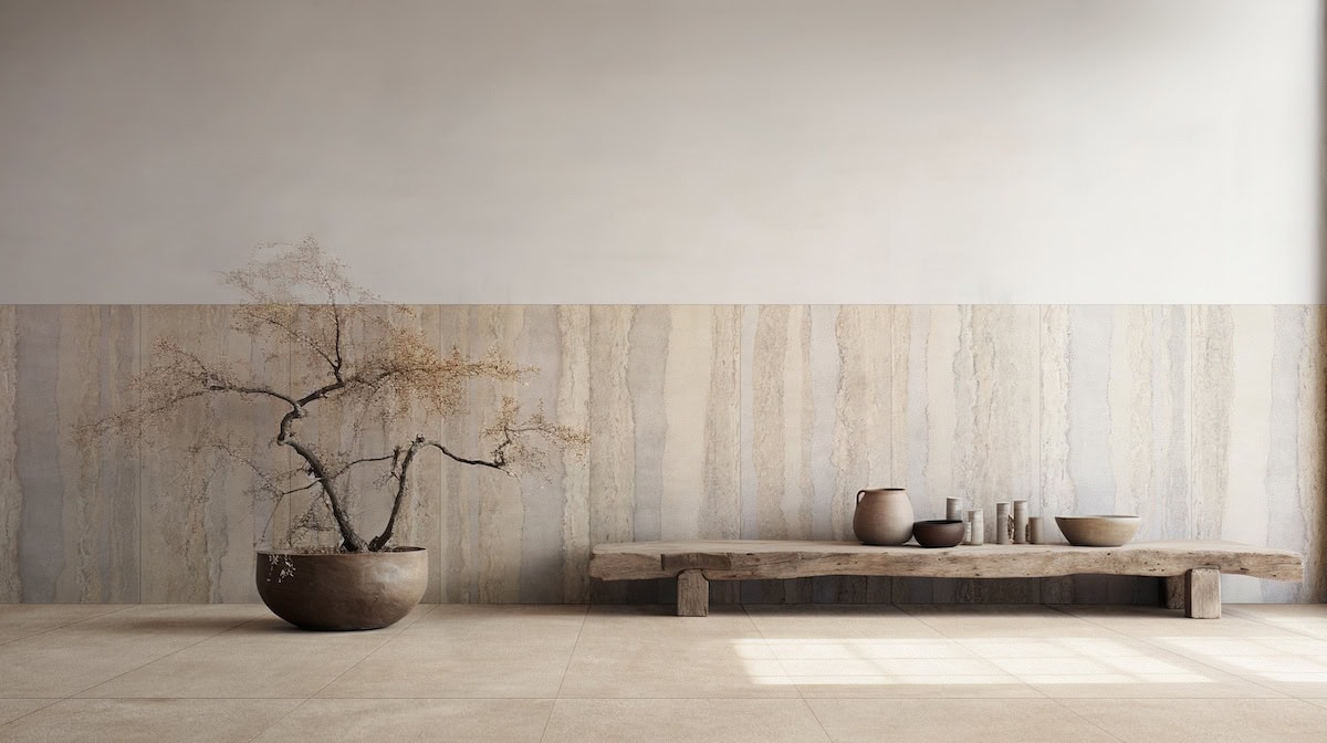 Seating area with gray, blue, and brown stone-look tile bands on the wall and travertine-look floor