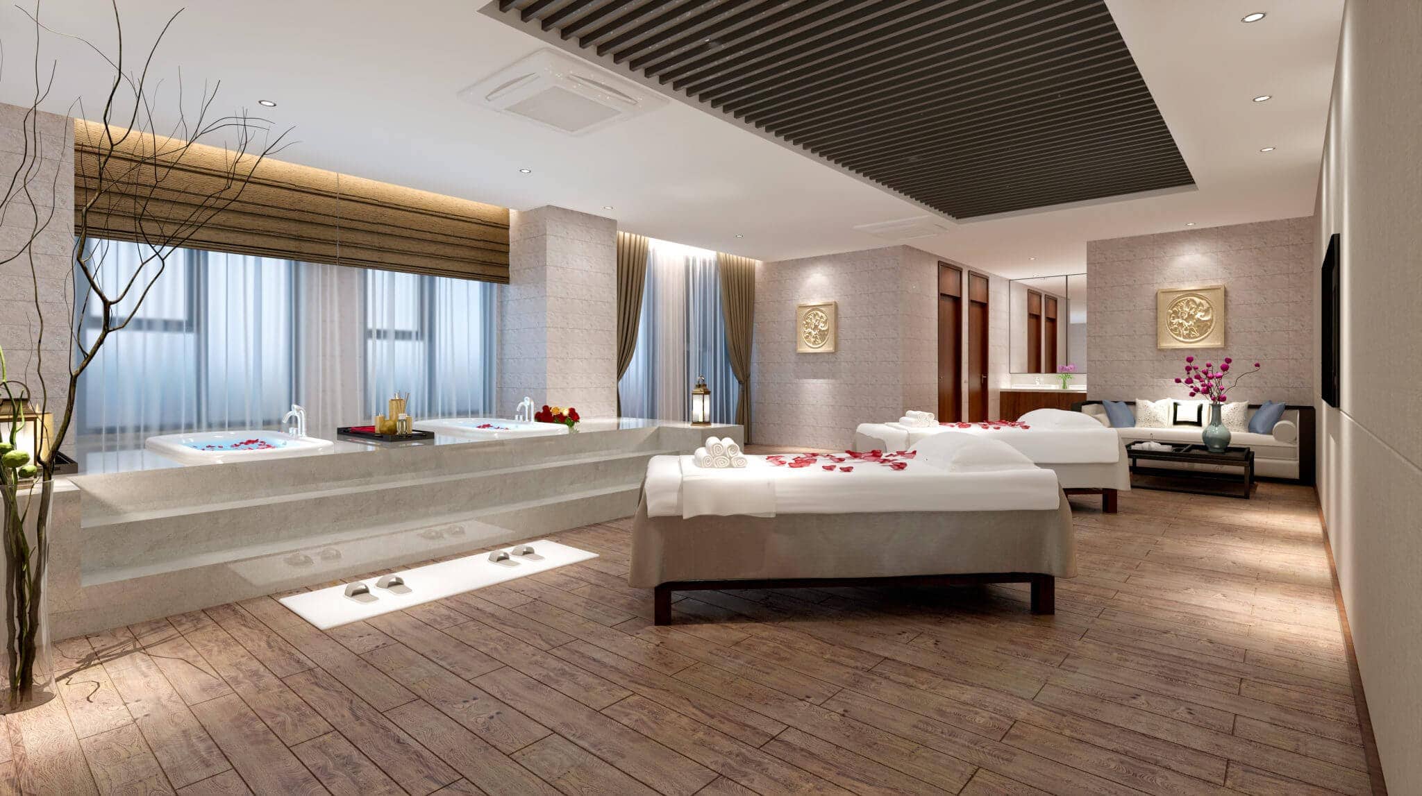 Modern Spa Tile Flooring Luxury hotel spa room featuring modern spa tile flooring with wood-look ceramic tiles that create a relaxing atmosphere