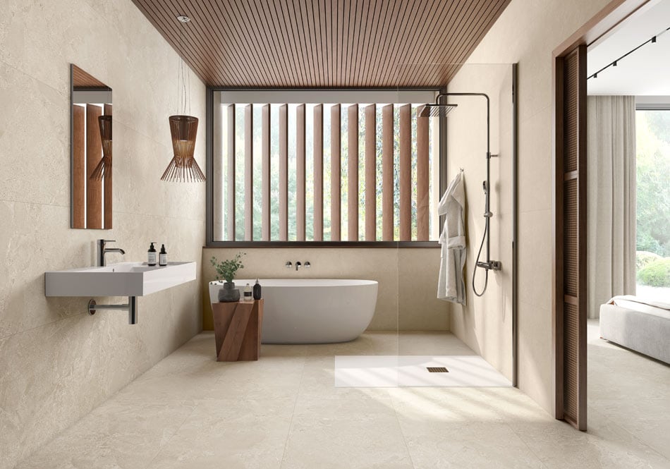 Japandi open-concept bathroom with stone-look tile and wood accents