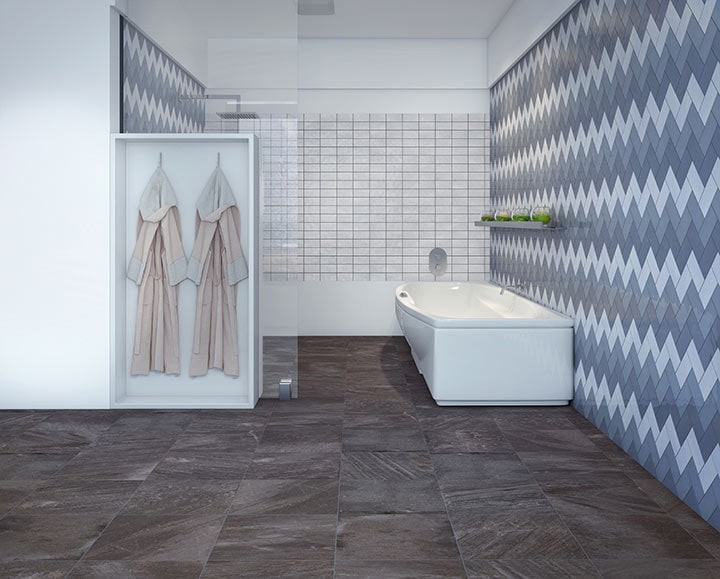 Herringbone and zellige tile accents in an open-concept bathroom