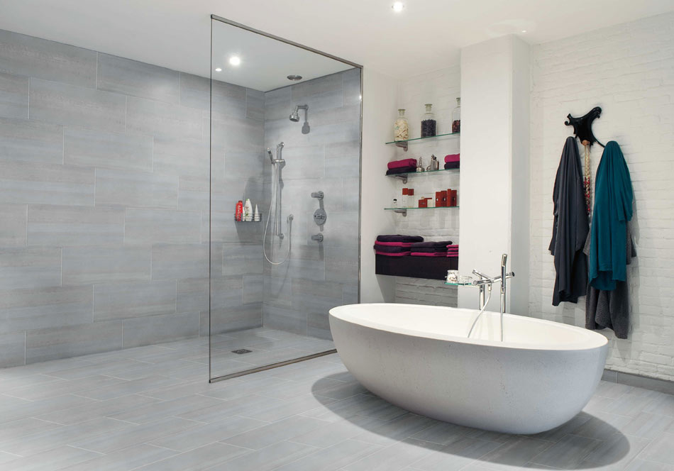 Modified gray subway-look tile in an open-concept bathroom