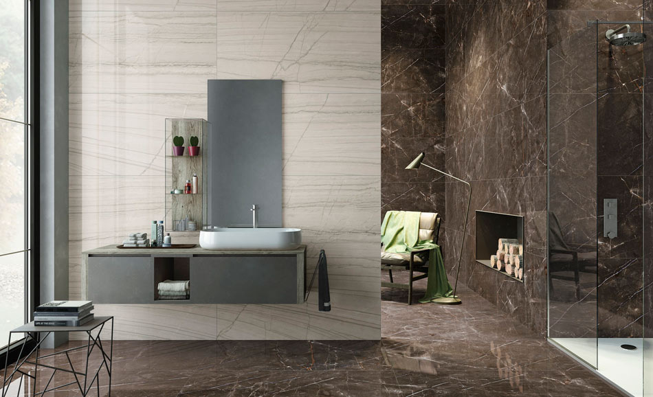 Cacao marble-look tile adds bold contrast to this open-concept bathroom