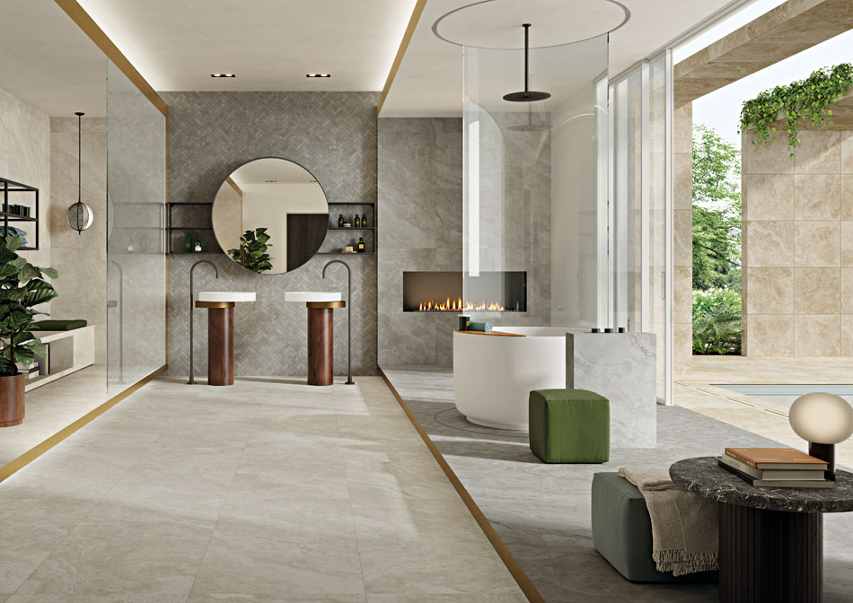 Marble-look tile layers in a luxurious open-concept bathroom