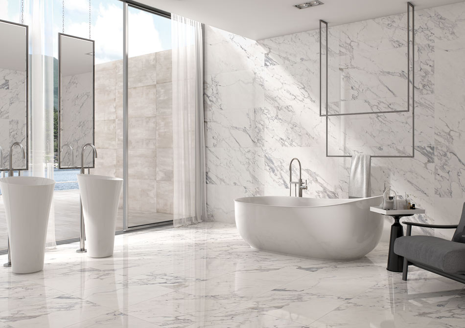 Open-concept bathroom with glossy white marble-look tile
