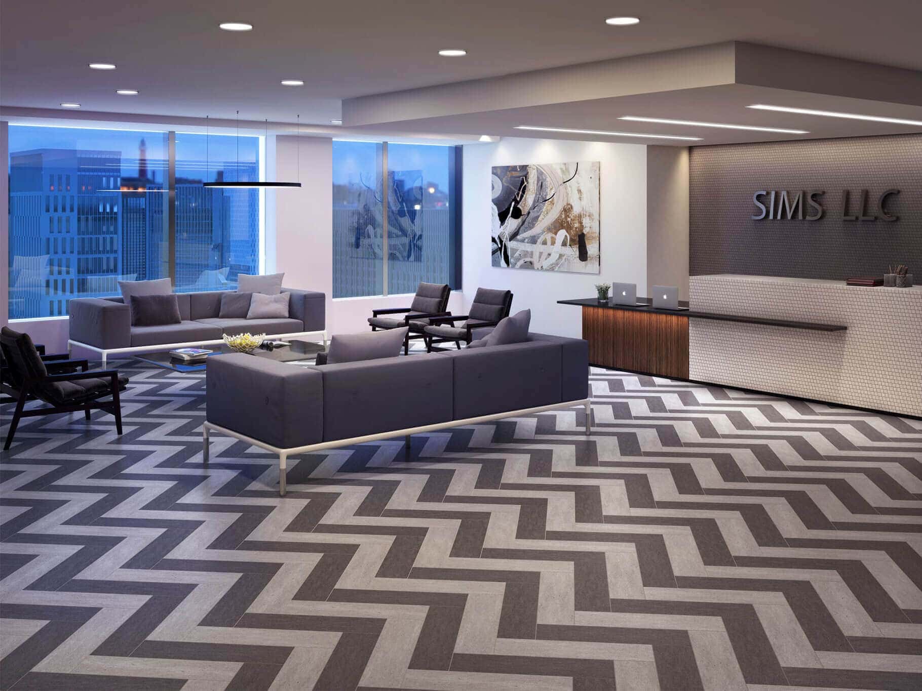 Corporate office lobby flooring with modern herringbone lobby tiles